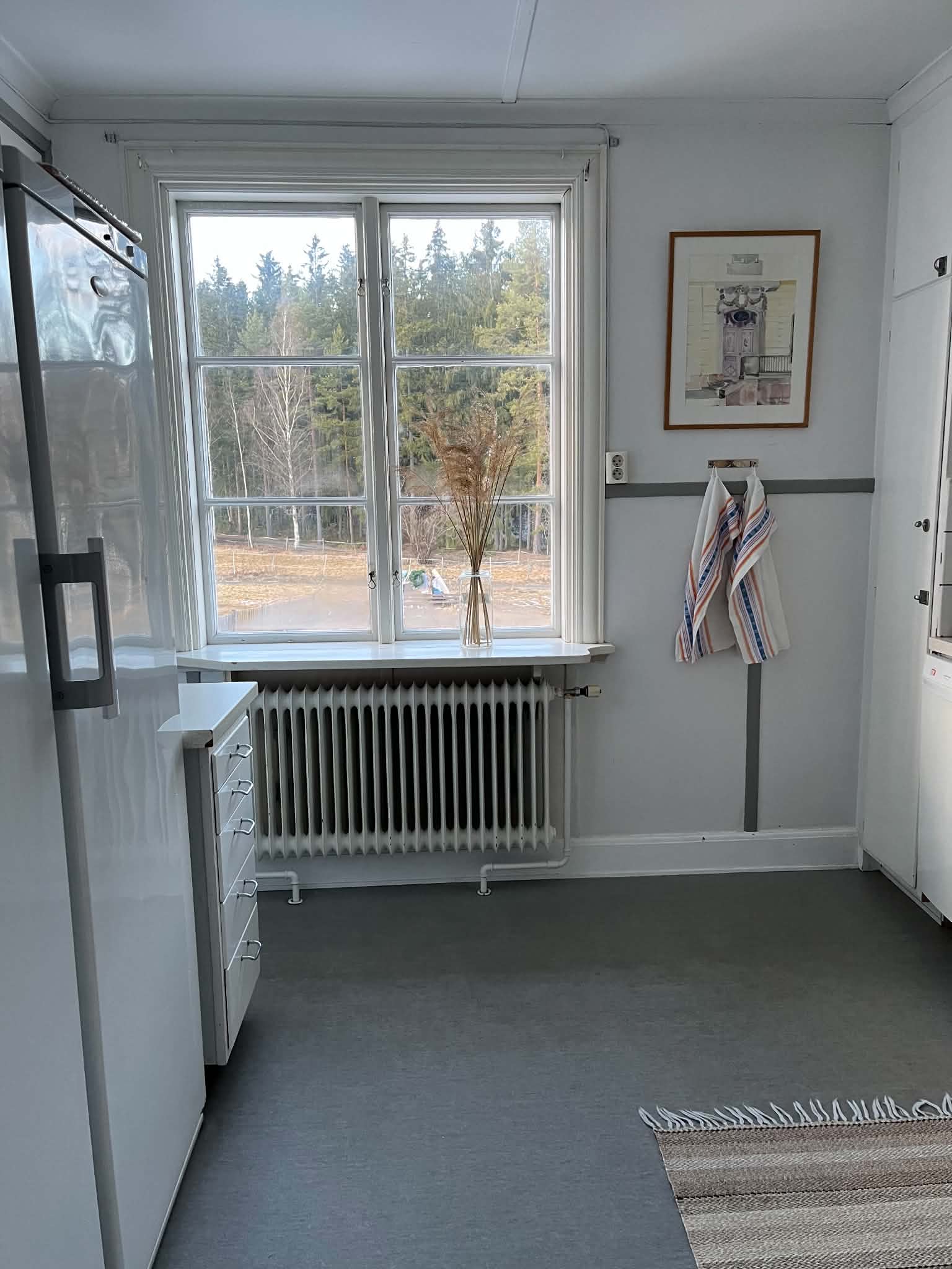 Köket med kylskåp och utsikt mot skogen